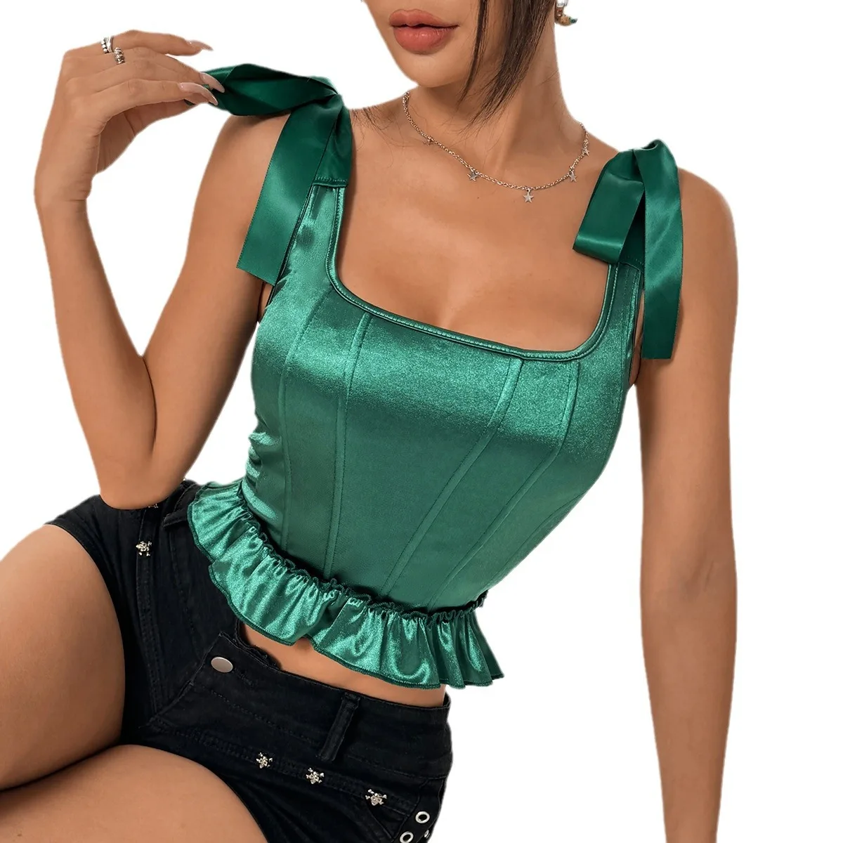 Green Ruffled Silk Lace-up Waist Wrap Corset Crop Tops Women Summer Bodyshaper Vest Slim Camisole Fashion Sexy Tank Top Pullover