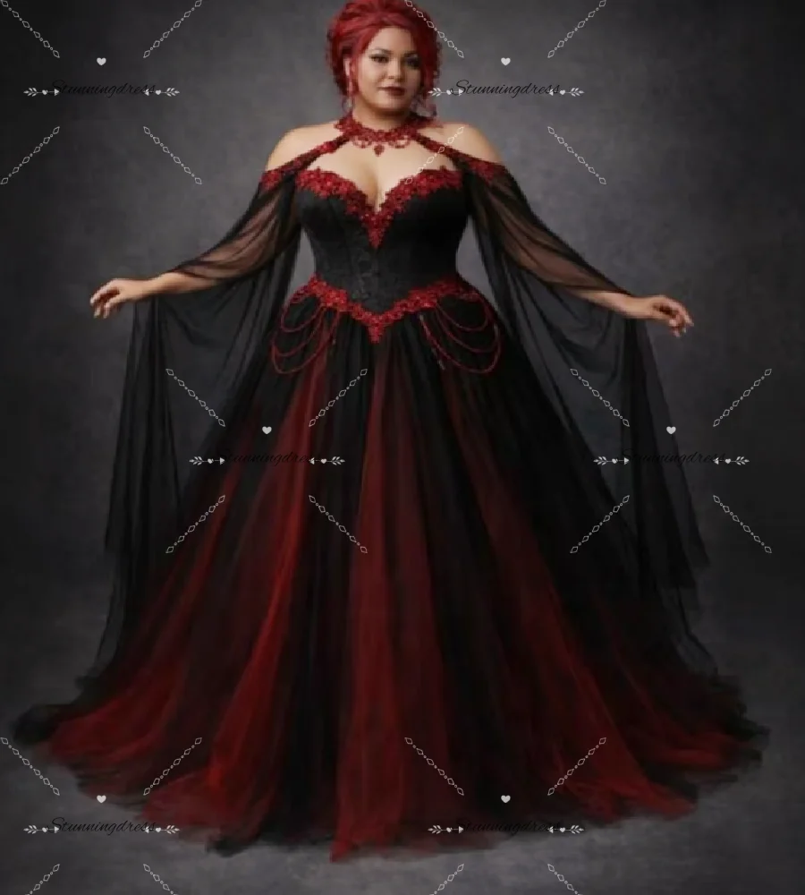

Romantic Vampire Black And Red Wedding Dress 2026 Cape Sleeves Halloween Gothic Bridal Dress Lace Punk Inspired Celtic Bride