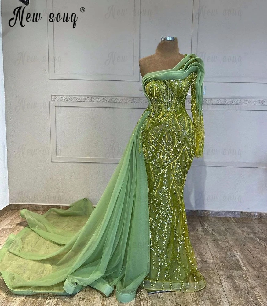 Elegant One Shoulder Long Side Train Embroidery Party Dress for Women Wedding Custom Made Beaded Mermaid Celebrity Prom Dress