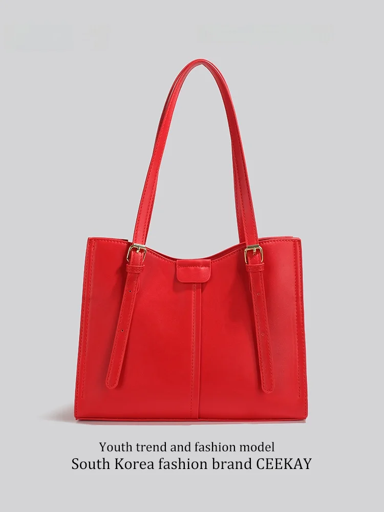 Ceekay Fashionable Red Tote Bridal Bag Women's Shoulder Bag Elegant Commuter Style Synthetic Leather Handbag for Daily Use