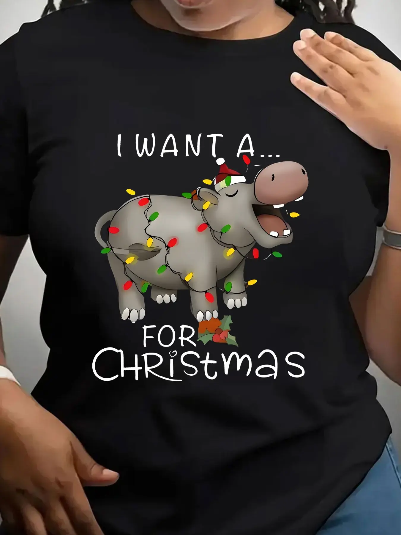 Women's Trendy Crew Neck T-Shirt Hippo Wrapped in Christmas Lights Suitable for Casual Sportswear