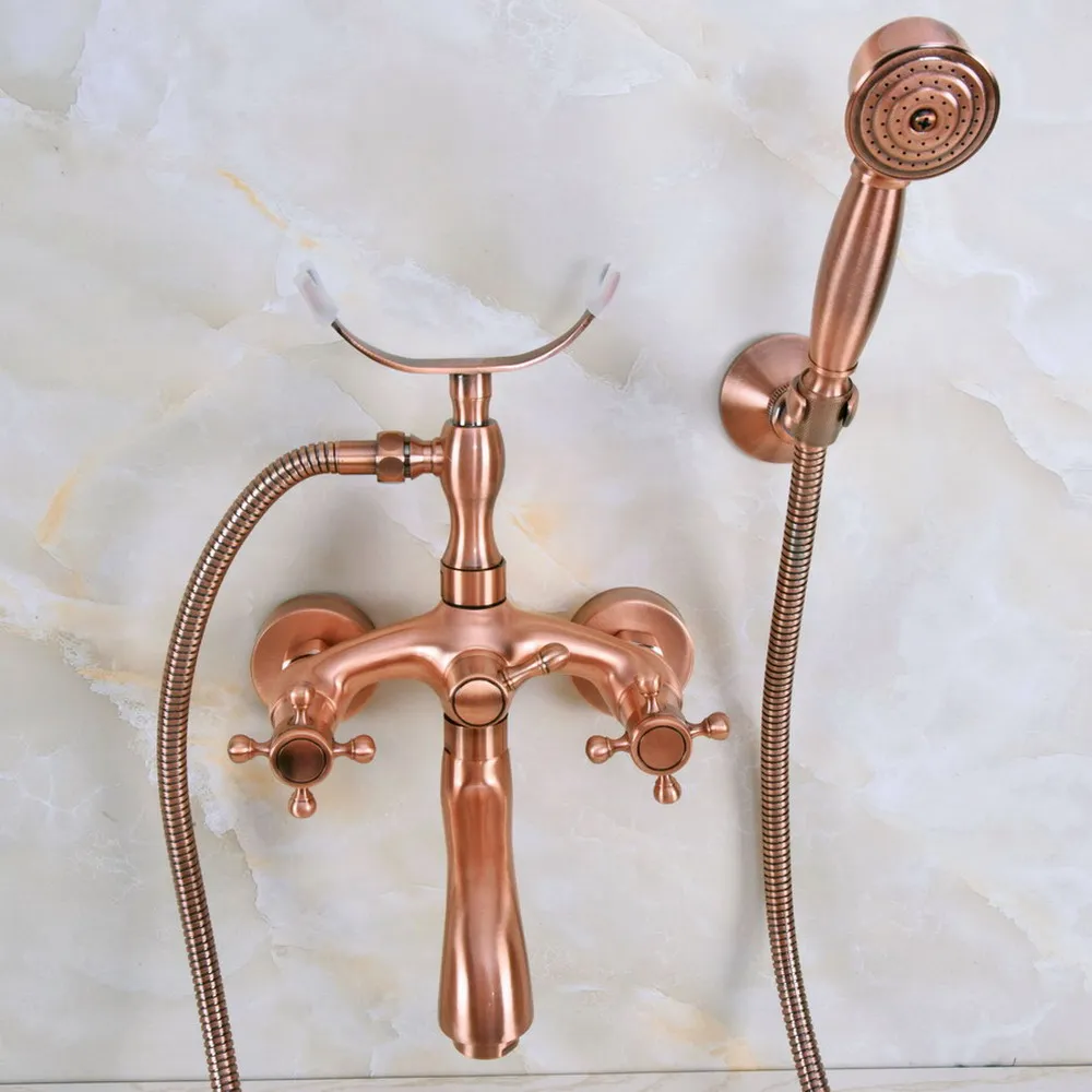 

Wall Mounted Bathtub Faucet Antique Red Copper Tub Sink Faucet Telephone Style Bathroom Bath Shower Set with Handshower tna369