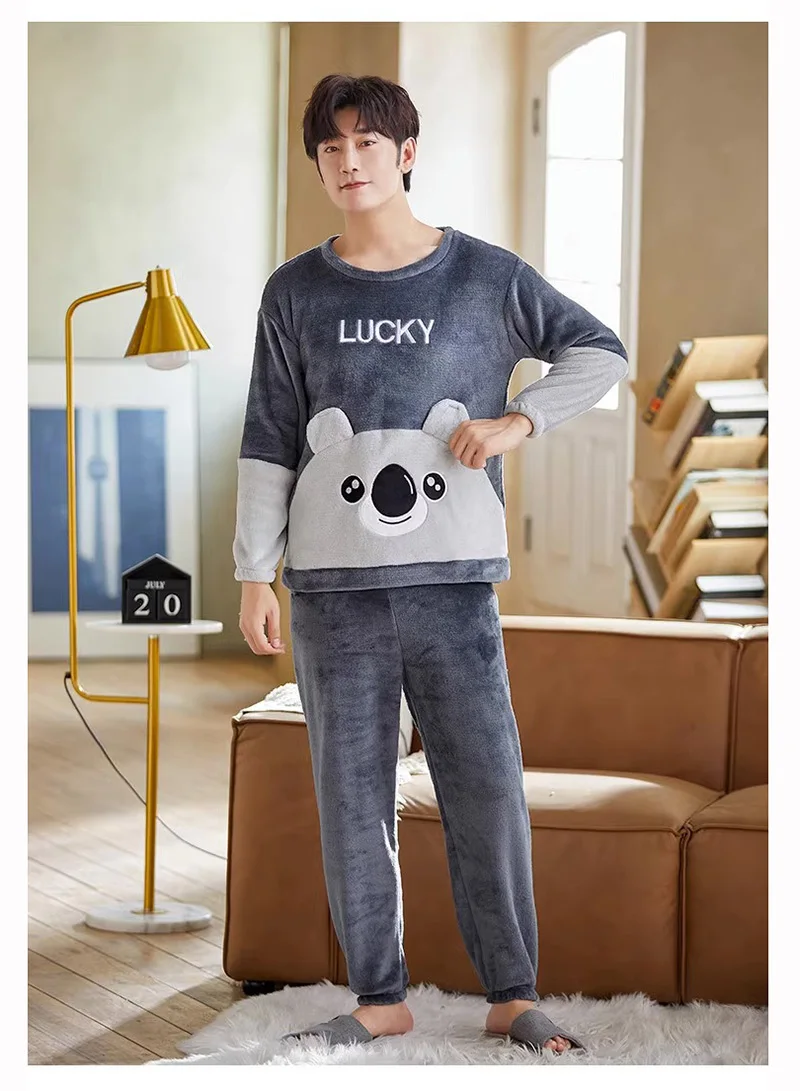 2PCS/Set Autumn and Winter Thickened Warm Coral Velvet Men Pajamas Long-Sleeved Loungewear Soft Casual Plus Size O-neck Homewear