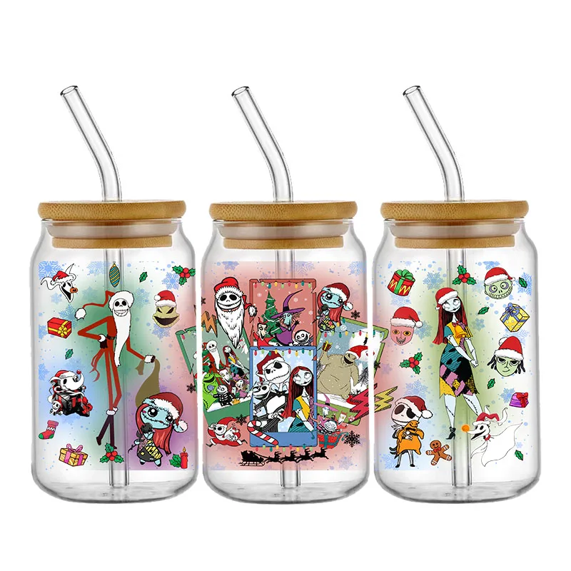 Chirstmas Nightmare Stickers Jack Sally Waterproof UV DTF Cup Mug Wraps Sticker DIY 3D Wrap Decal For 16oz Libbey Glass