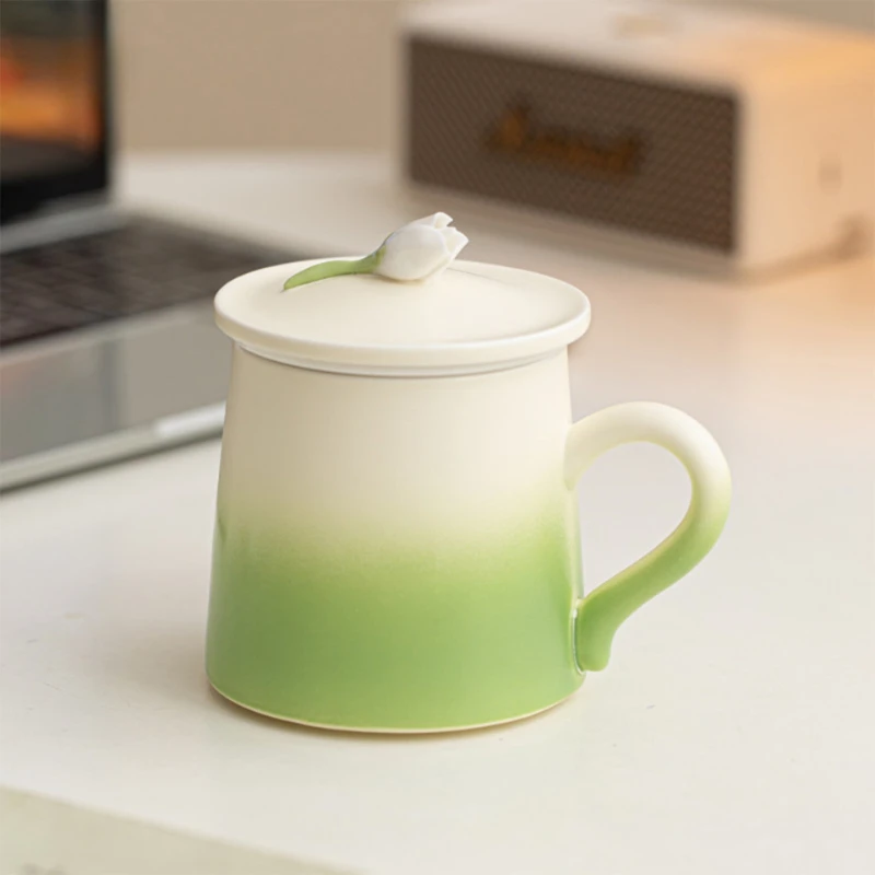 

Tulip Ceramic Mugs Lidded Dustproof Heat Retain Large Capacity Anti-slip Handle Cups Gradient Glaze Porcelain Cuty Coffeeware