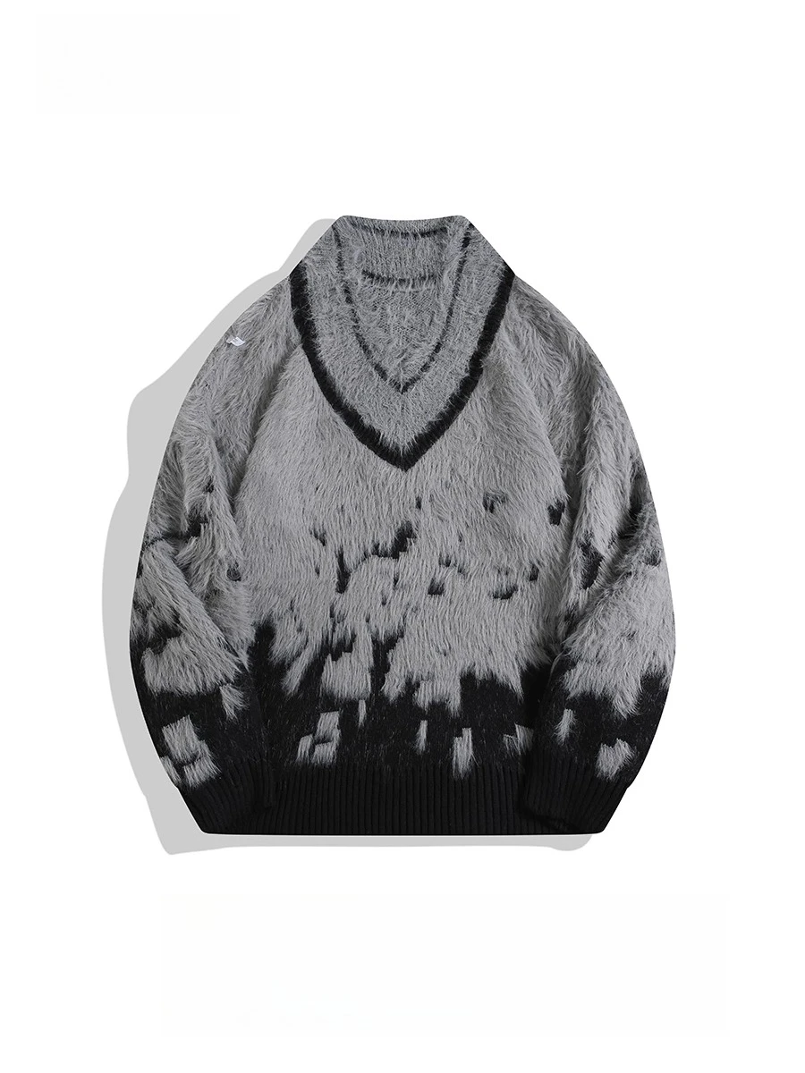 2025 Autumn Winter New Plush Gradient V-Neck Casual White Sweater Men's Street Fashion Loose Daily Gray Knitwear