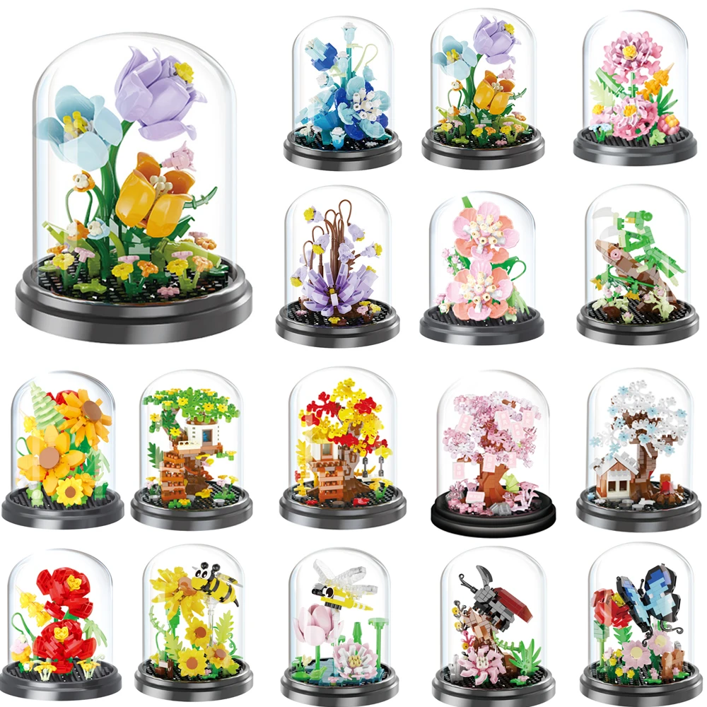 Flower Diamond Building Blocks Lily Sakura Blossom Tree House Butterfly Insect DIY Assembled Rose Mini Brick Toys With Display