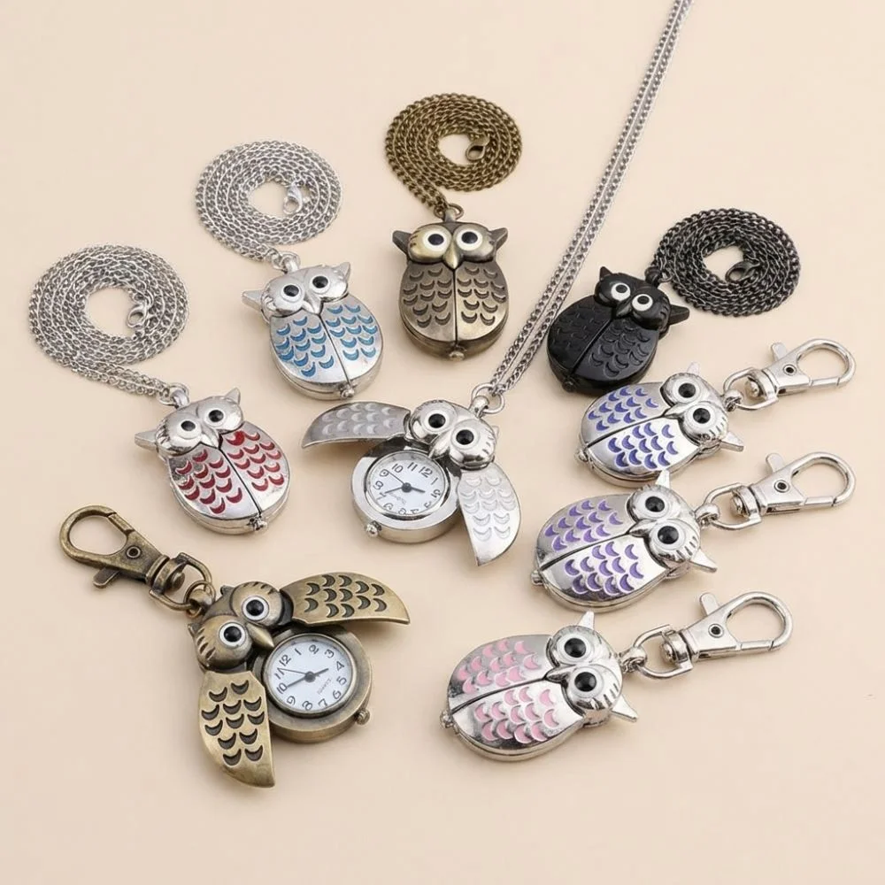 Fashion Owl Shape Pocket Watch Keychain Classic Flip Style Hang Watch Retro Antique Necklace Clock For Unisex Adults Children