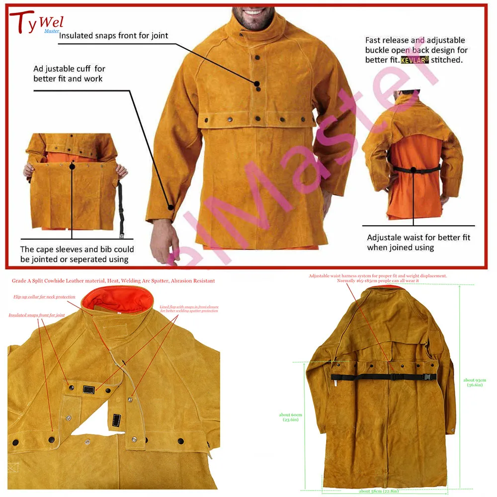 Professional Welding Cape Sleeves Bib Apron CE Cowhide Leather Garden Clothing Welder Protective Clothes