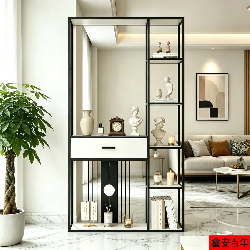 Wrought Iron Entrance Rack Metal Floor Screen Partition with Drawer Storage Simple Shelf for Home Use