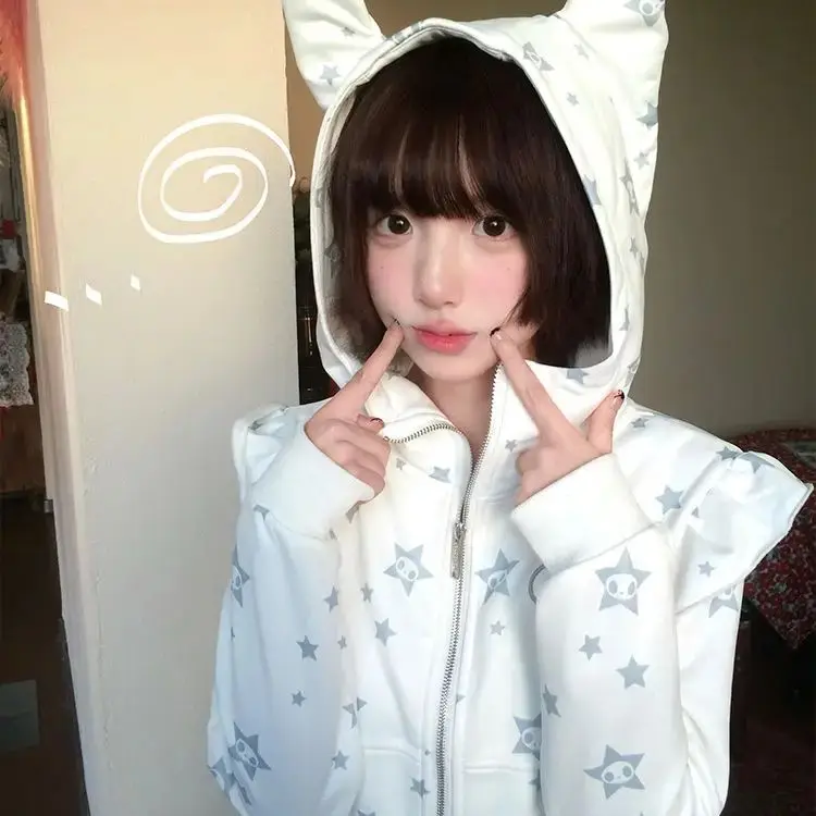 American Skull Star Full Mark Ear Splicing Hooded Sweatshirt Women 2025 Spring New Loose Lazy Jacket