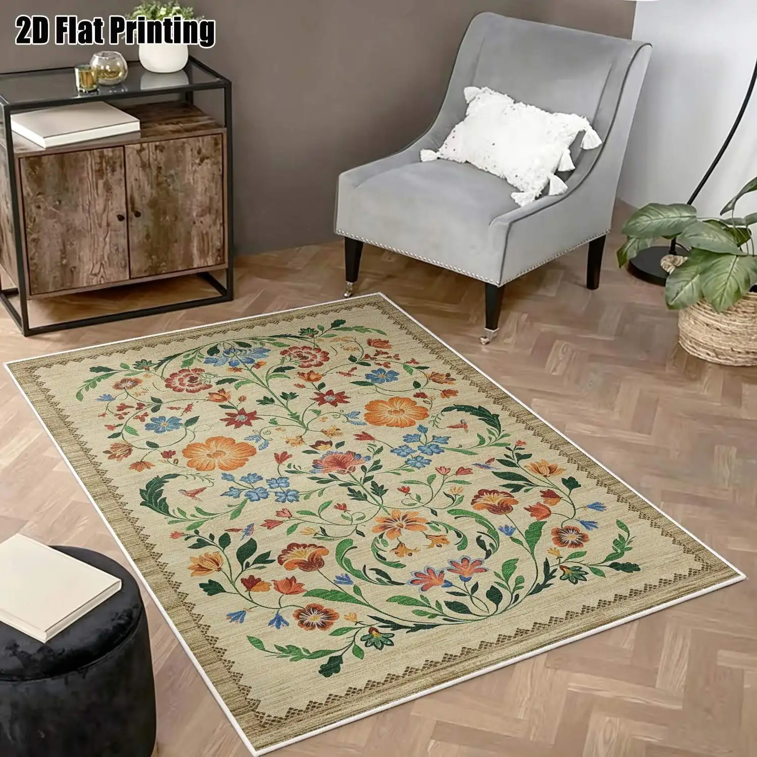 1Pc 2D Printed Velvet Floral Carpet, Vintage/European/Bohemian Style, Multi-Size, Machine Washable, for Home Decor, Entryway/Dining Room/Bedroom/Living Room Use