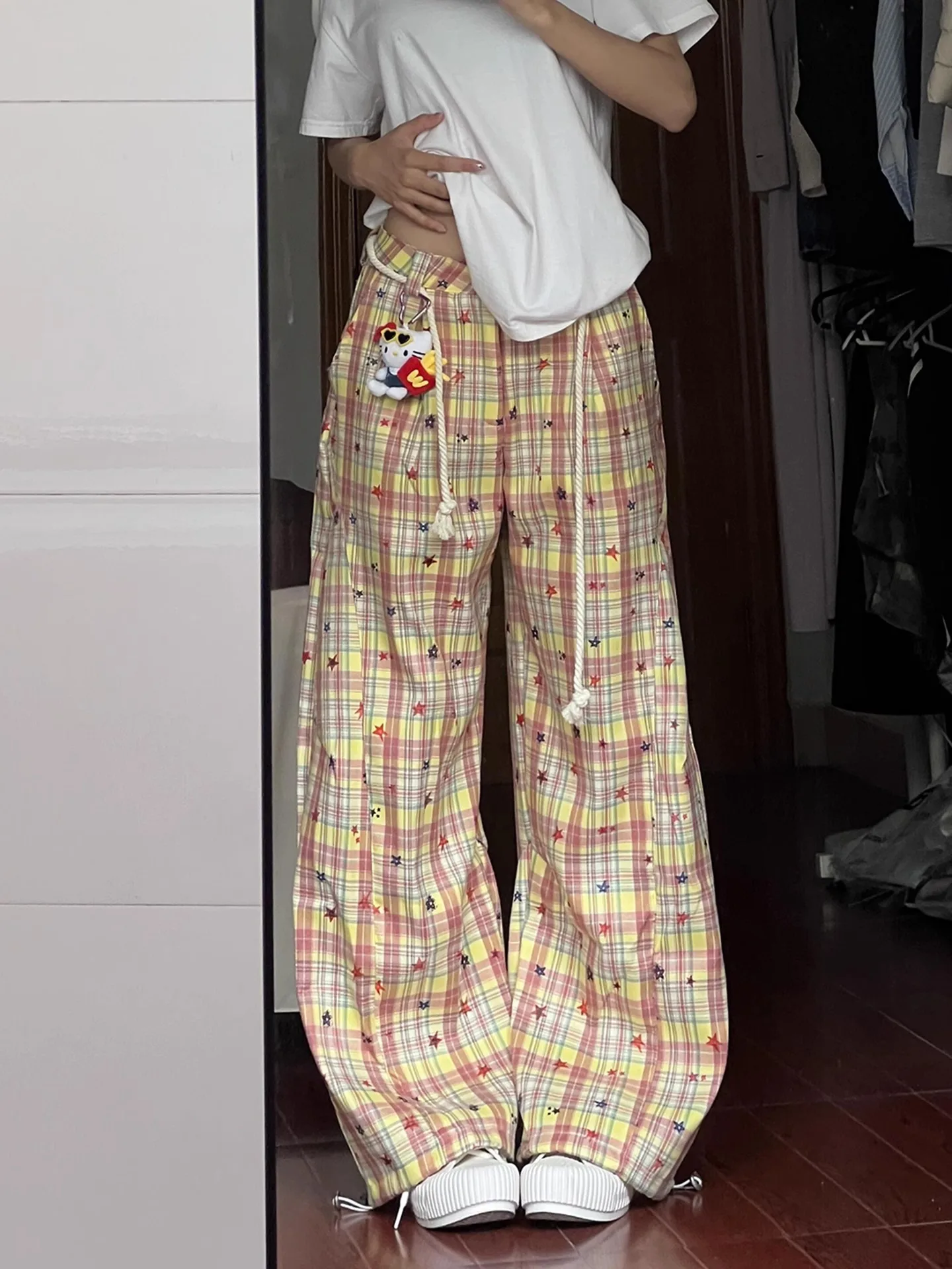 ドーパミン市松カジュアルパンツ女性夏怠惰な緩い気分ベンドナイフパンツルーズストレートワイドレッグパンツ