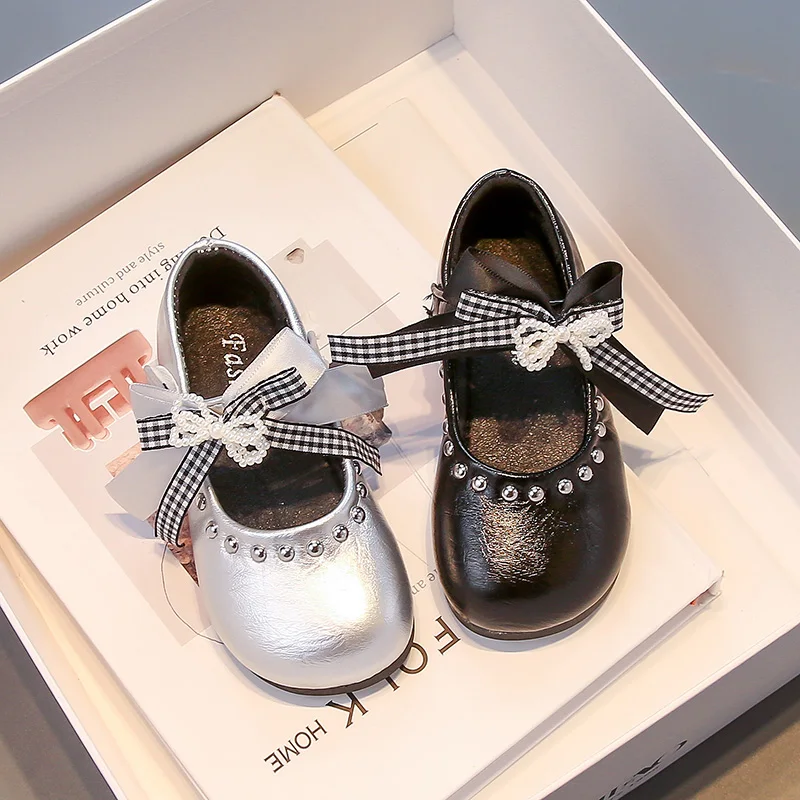 New Spring Autumn Girls Causal Leather Shoes Elegant Bowknot Princess Fashion Children's Flats Wedding Party Kids Dress Shoes