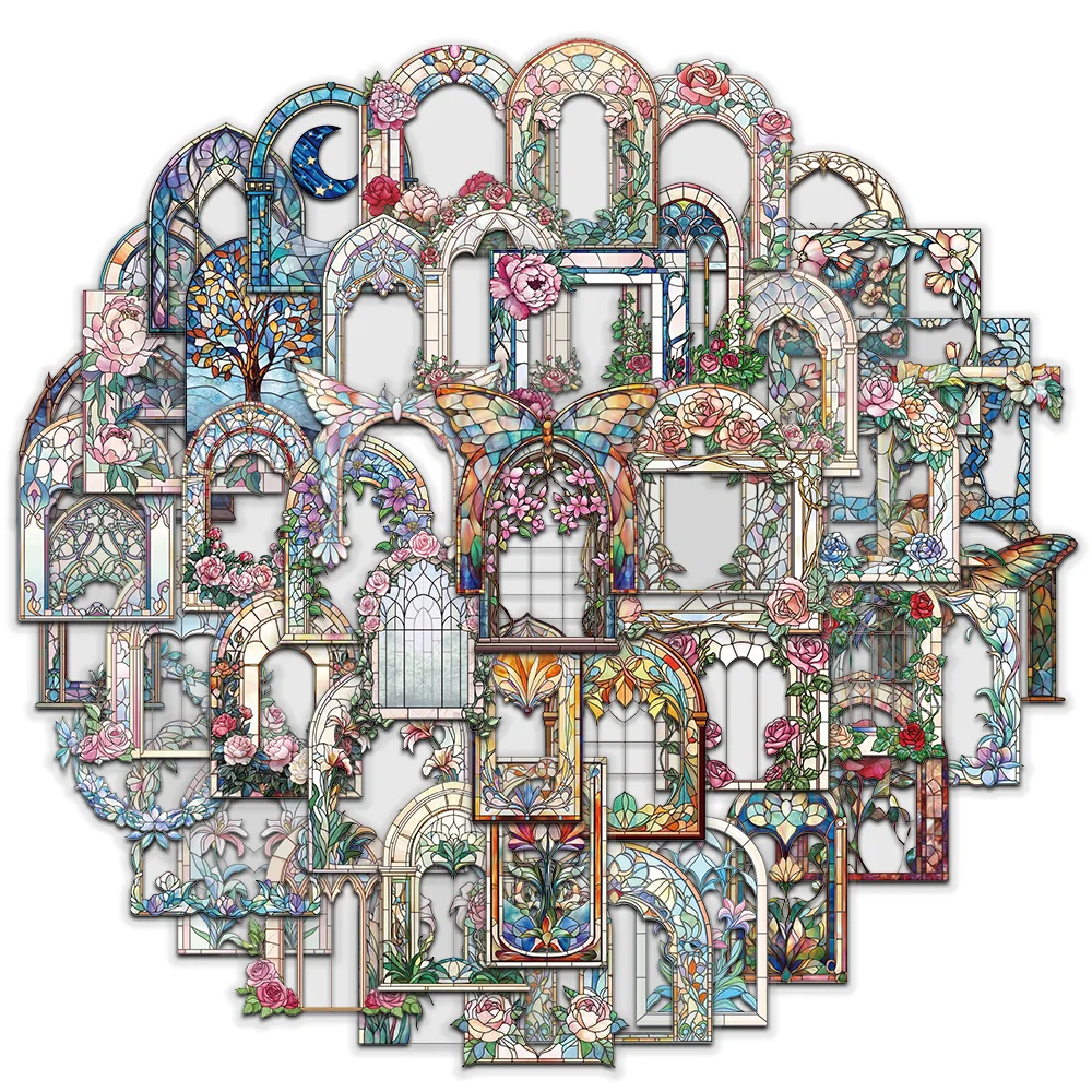50PCS Retro Flower Mirror Graffiti Stickers Decorative Water Cups Vases Guitar Laptop ScrapbookDIY Waterproof Stickers