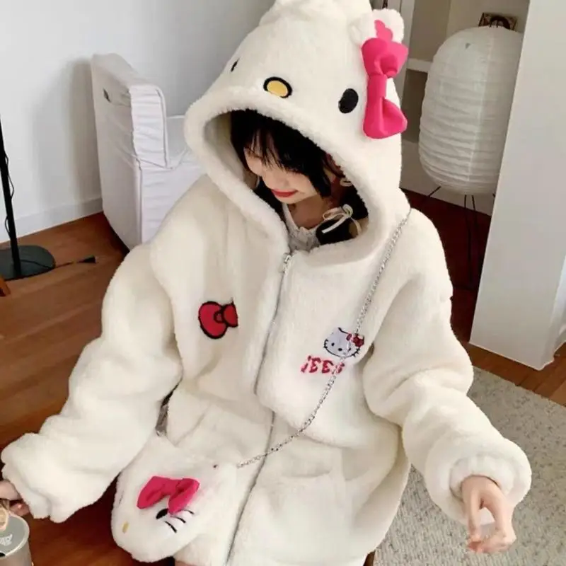 Miniso Hello Kitty Plush Winter Thick Coat Kawaii Anime Sanrio Cartoon Soft Comfortable Cute Girl Hooded Warm Outdoor Coat