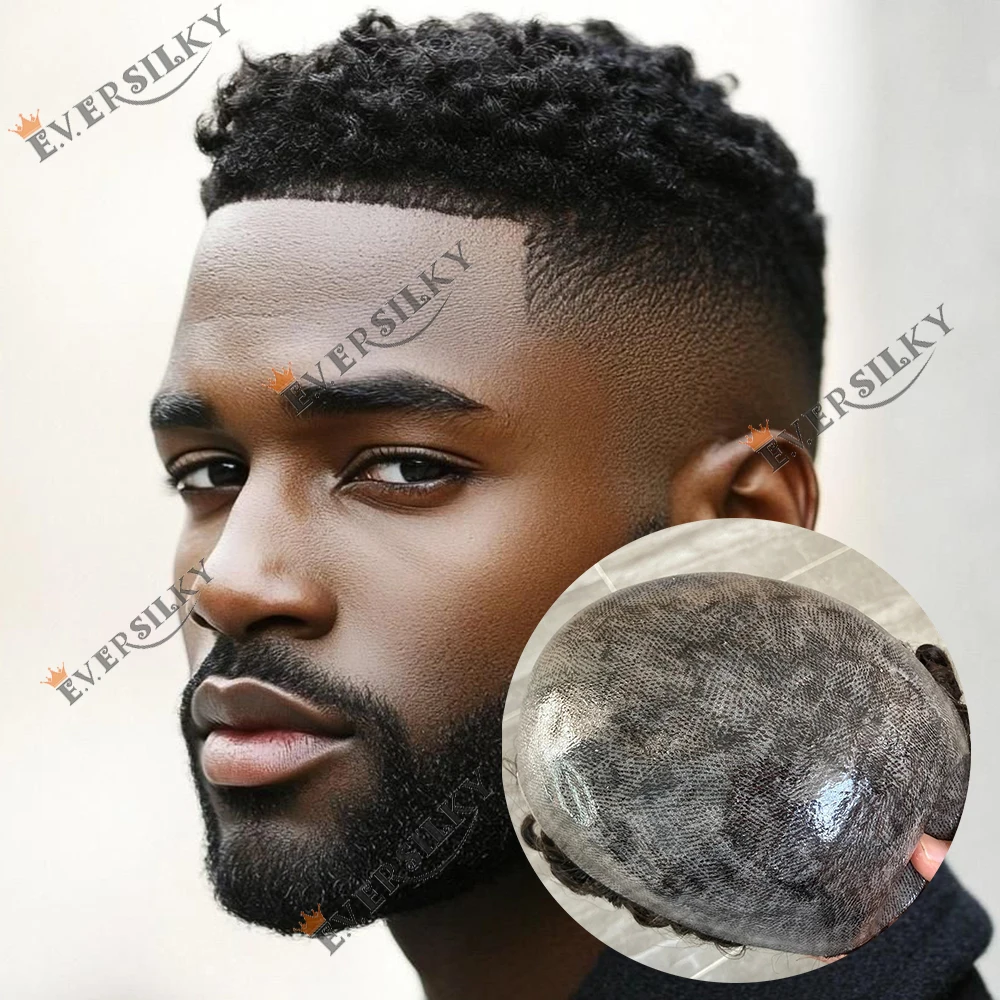 Men's Afro 4mm Kinky Curly Human Hair Durable Skin Base Toupee for Hairloss 6MM Afro 0.1mm Strong PU 1B65 1B50 Black Hair Patchs