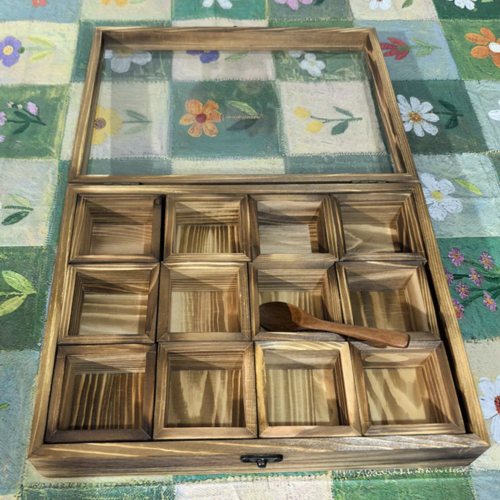 Wooden Spice Organizer Multi-Compartment Storage Box with 12 Removable Containers Spice Fit Box 45ml/0.01gal with Spoon and Lid view 3