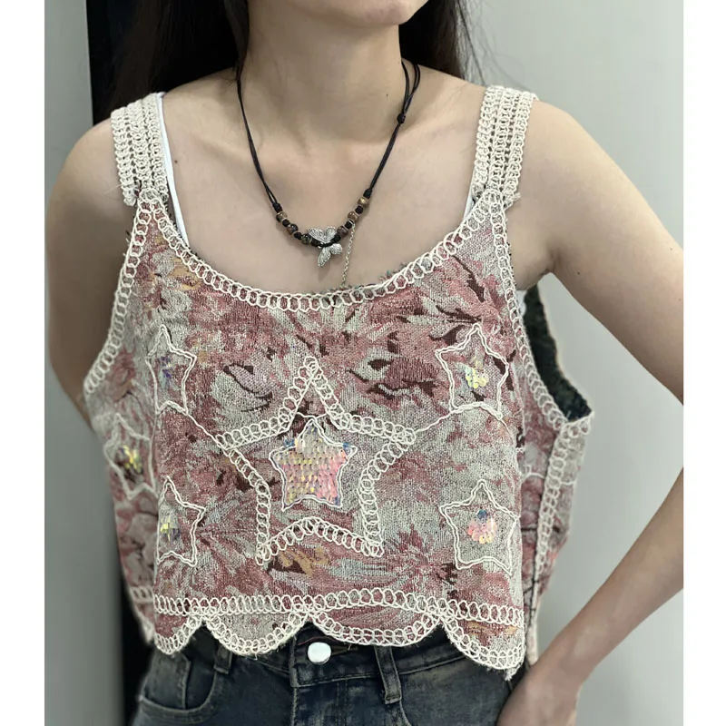 

Boring Honey Women Art High Street Loose Sleeveless Camis Summer Fashion Star Halo Dyeing Sexy Crop Tops All-Match Beading Top
