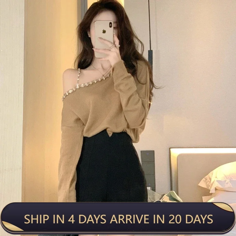 

Off Shoulder Diamond Studded One Shoulder Top Knitted Sweater Early Autumn Top Women's High End Western Style Short Thin Sweater