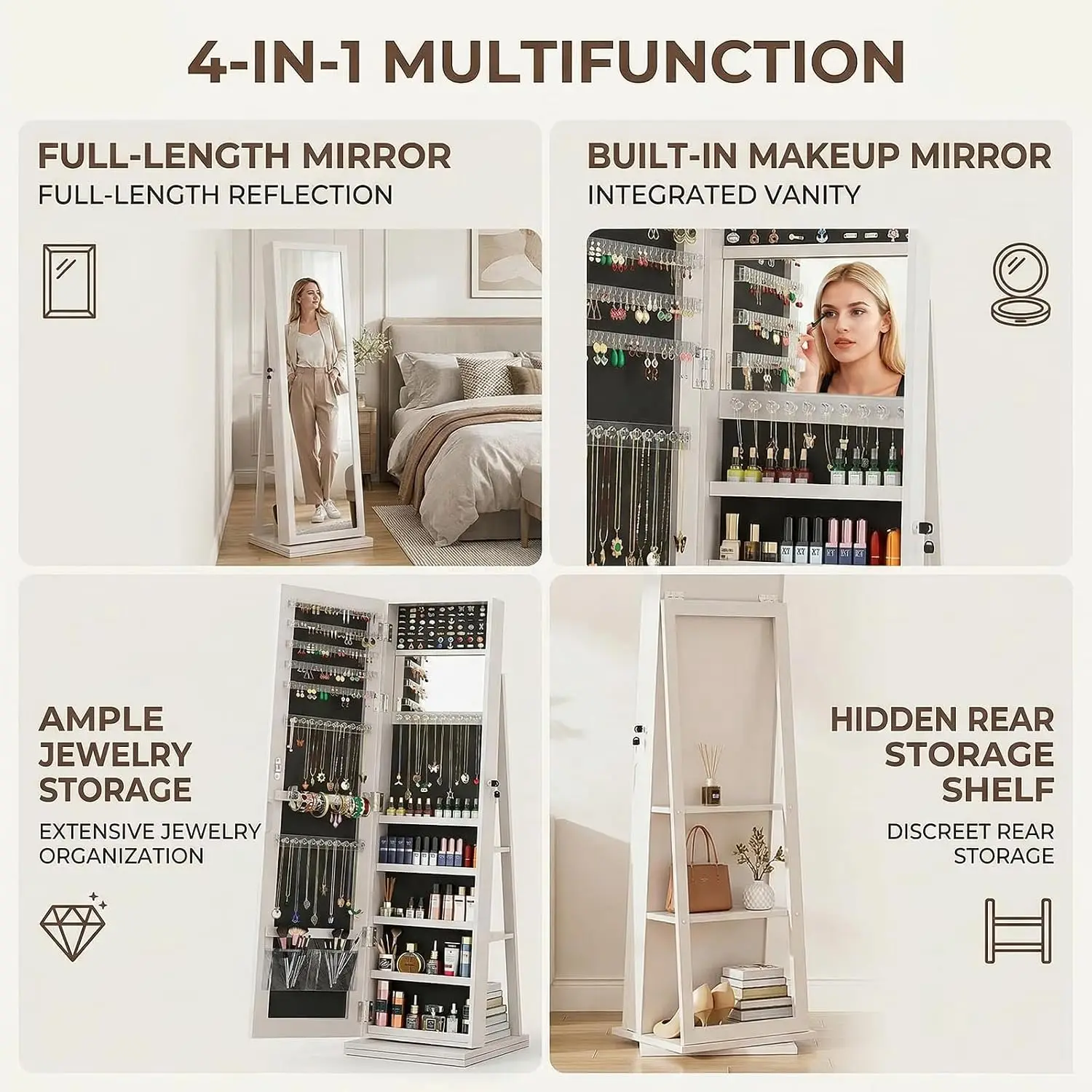 360° Swivel Jewelry Armoire with Full-Length Mirror, Lockable Standing Jewelry Organizer Cabinet with Interior Mirror,Customized image 3