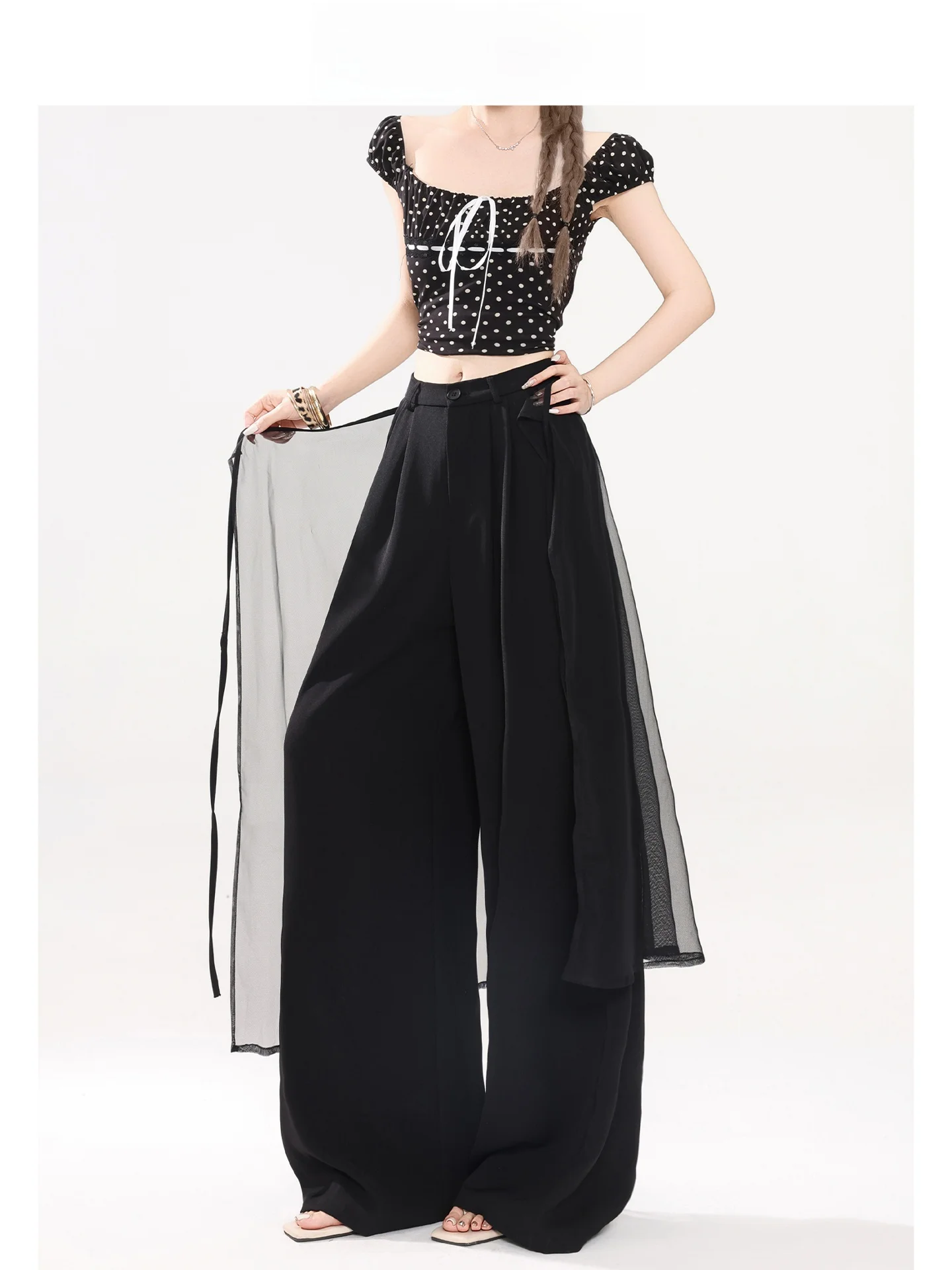 Calças Casuais Femininas Forever 21 de Cintura Alta com Perna Larga, Design de Terno Preto, Estilo Cortina em Camadas, Caimen...