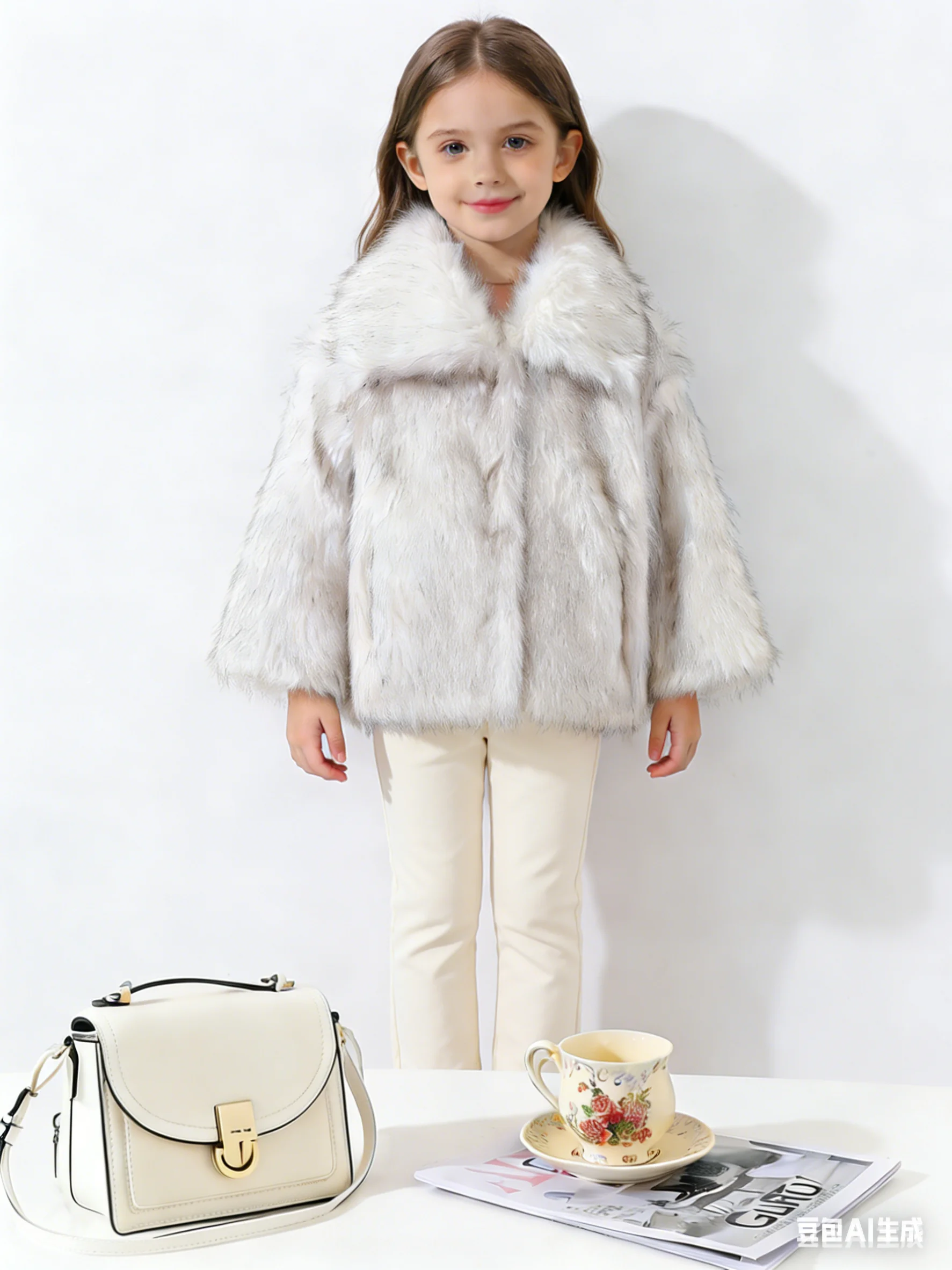 New Autumn and Winter Children's Clothing: White Base Coffee-Colored Fox Fur Collar Coat, Eco-Friendly Faux Fur Coat for Boys and Girls, Thickened Warm Windproof Coat, Soft Raccoon Fur Top, Double Pockets, Three Buttons, Fashionable Versatile Outfit for Commuting and Travel, Birthday Gift Clothing, Faux Fur Coat