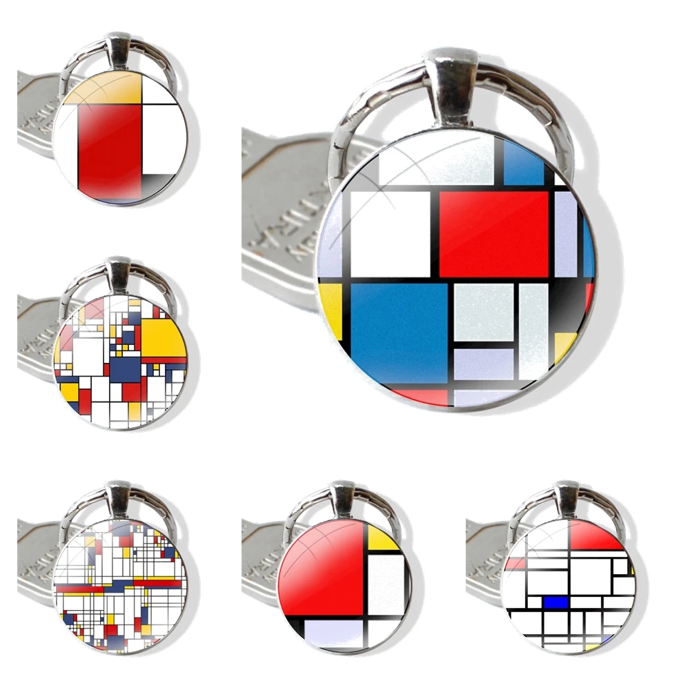 Keychain Handmade Glass Cabochon Key Ring Holder Pendant Key Chains mondrian mondrian Painted