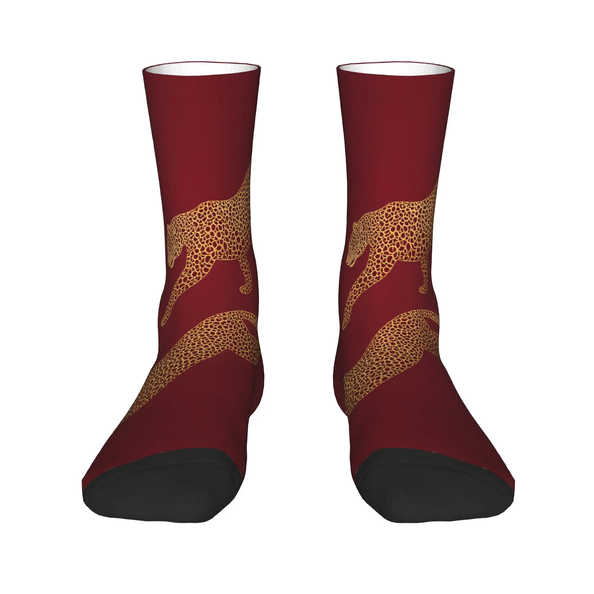 Women Men Socks Two Golden Leopards On Burgundy Red Background  Stockings Winter Gothic Soft Breathable Socks Anti Skid Socks