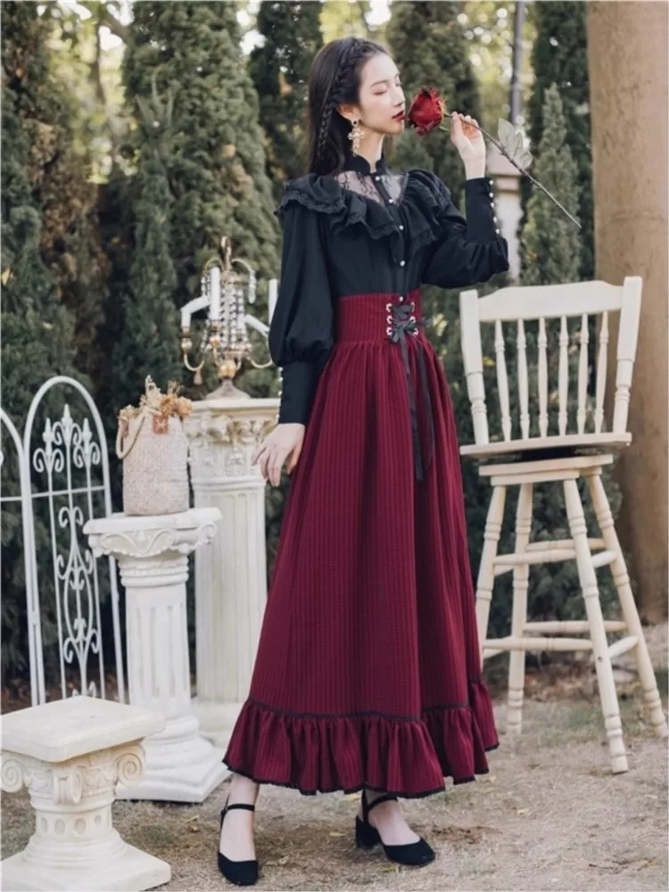 Vintage Gothic Two-Piece Skirt Sets Women Black Lace Ruffle Blouse Lace-up Midi Skirt Autumn New Court Retro Suits Y2k Outfits