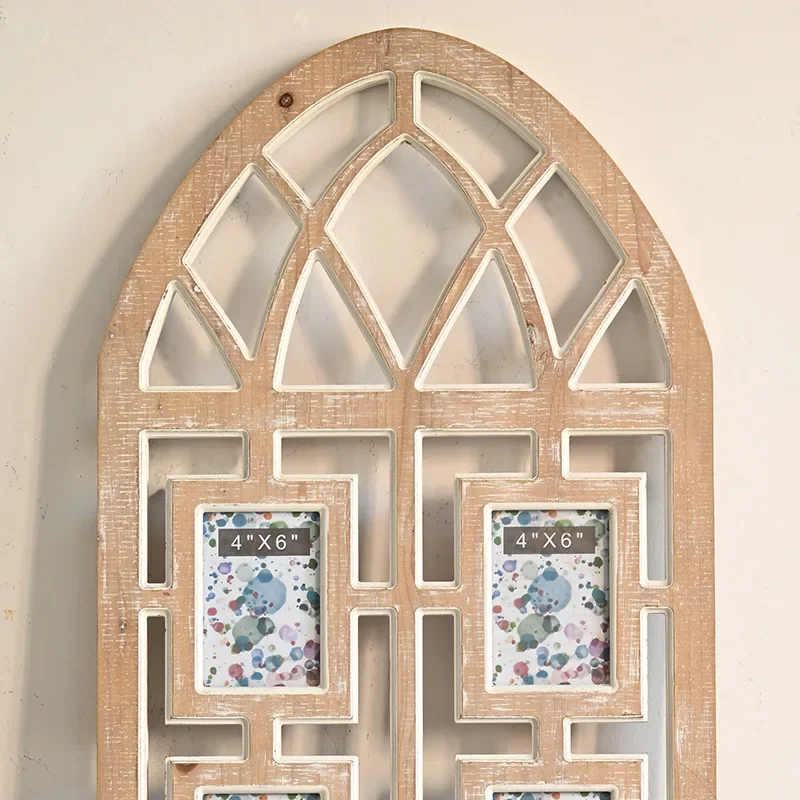 French ins style retro and old wooden wall hanging, decorative photos arc arched wall fake window decorative pendant exhibition