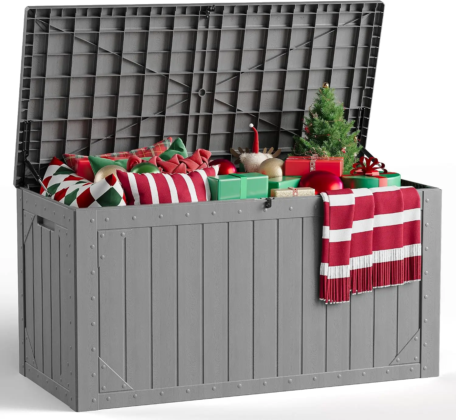 Outdoor Storage Box, 98 Gallon Deck Box, Outdoor Storage Bench, Waterproof Resin Storage Bench with Lockable Lid, Patio Furnitur