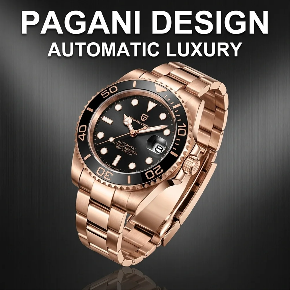 Pagani Design Men's Rose Gold Automatic Watch Luxury Sapphire Stainless Steel 100M Waterproof Mechanical Diving Watch
