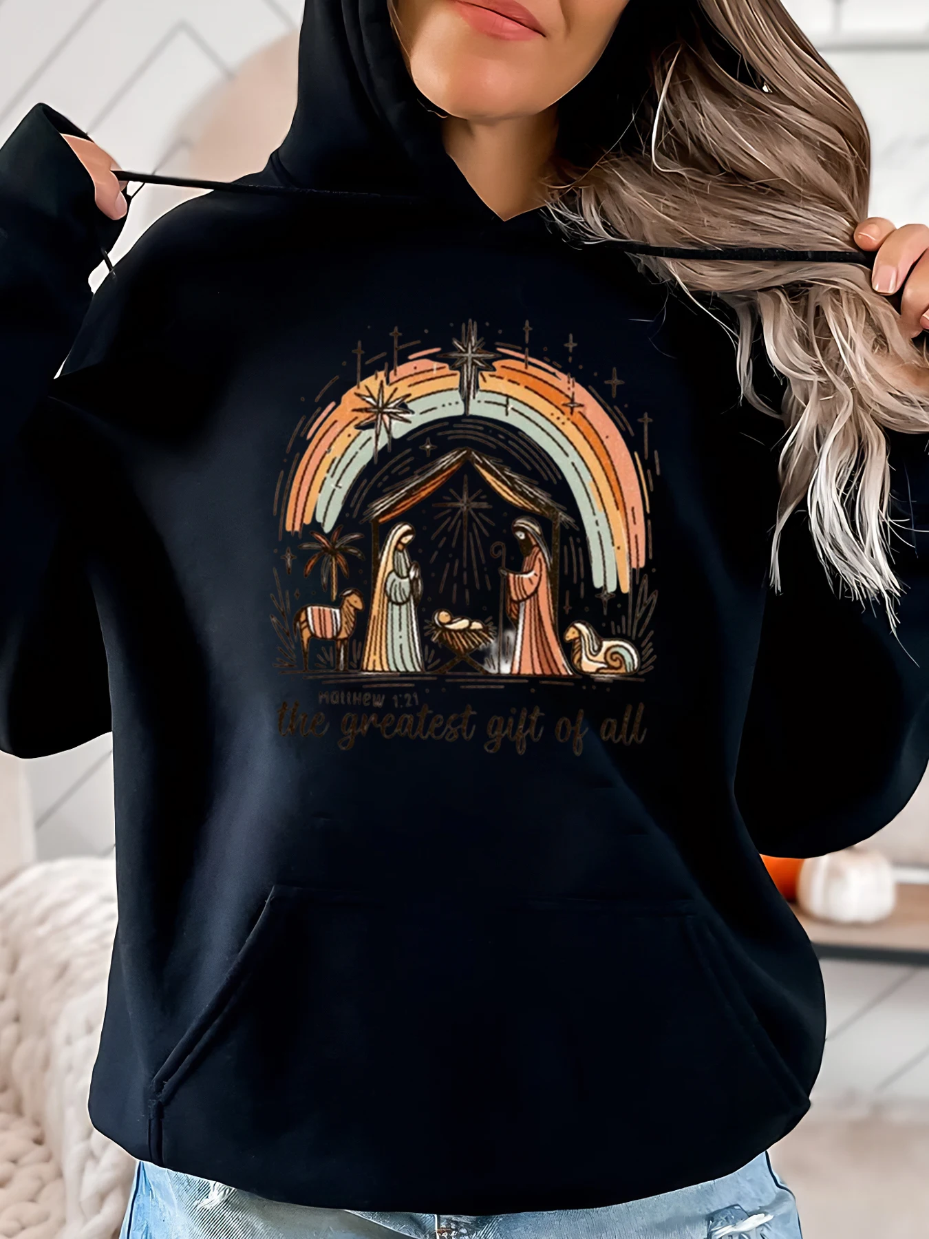 

Рождественская толстовка с радугой и библейским стихом, женская повседневная одежда, праздничный наряд, черный, большие размеры