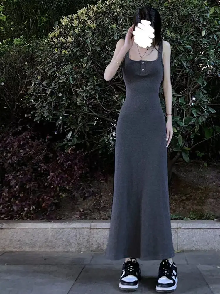 Trumpet Maxi Dress Women Solid Simple Hotsweet Korean Style Fashion New Sleeveless Defined Slim Chic Sexy Square Collar Vestidos