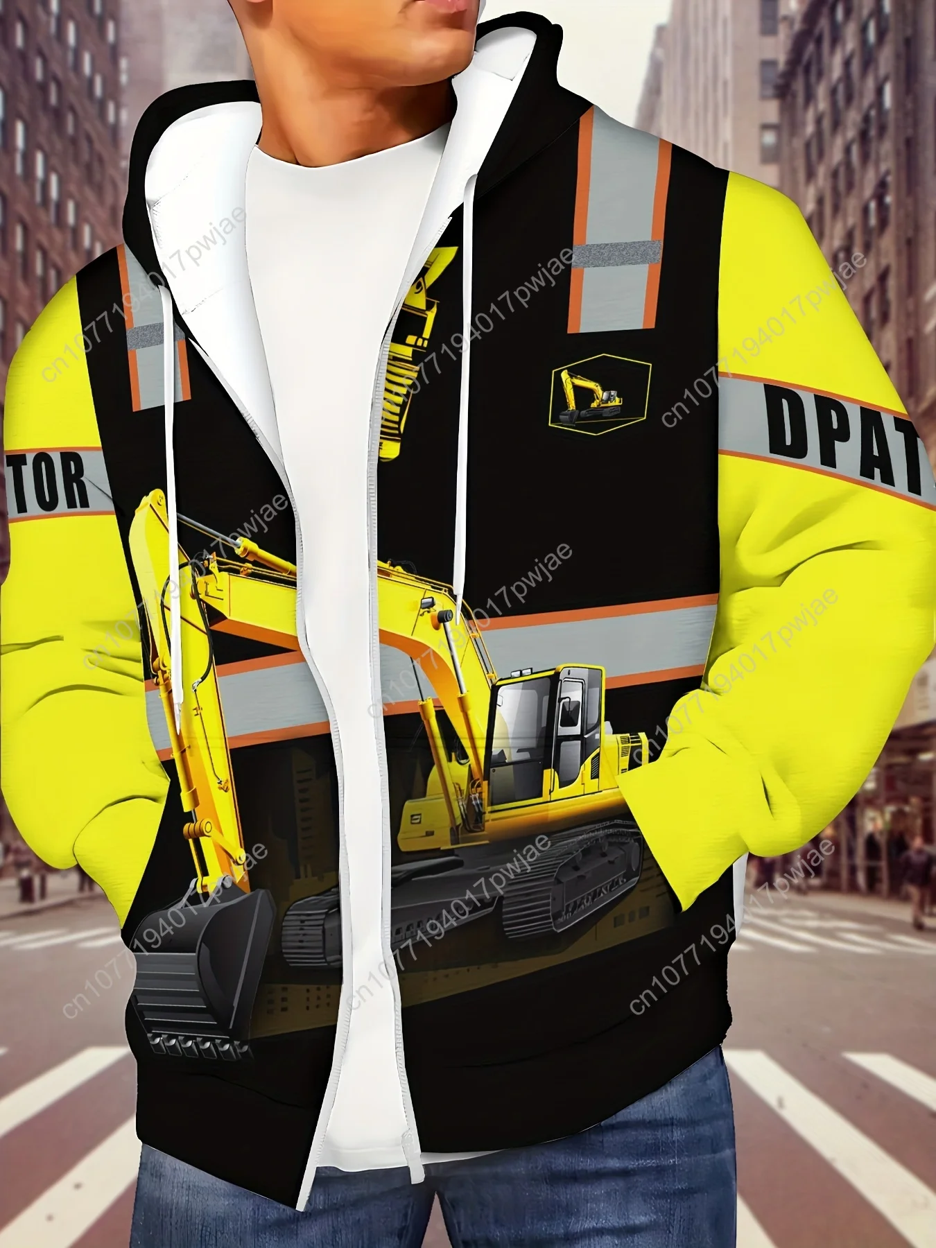 Мужские толстовки с капюшоном на молнии и длинными рукавами с рисунком экскаватора, осенне-зимняя повседневная уличная куртка на шнурке и поэзии