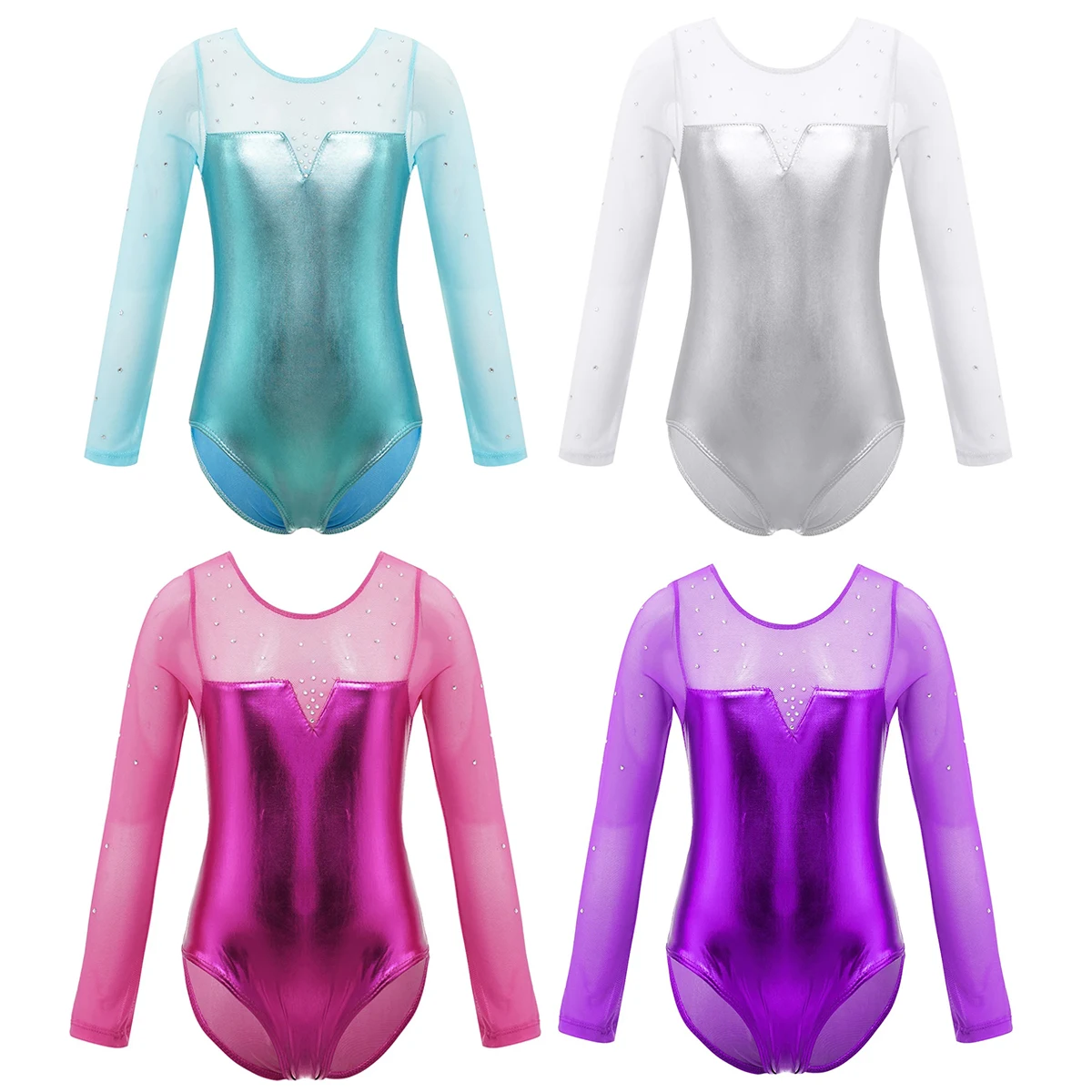 Gymnastics Leotard Girls One-Piece Sparkle dance costume Kids Tulle Long Sleeve Sparkly Rhinestone Metallic Ballet Dance leotard