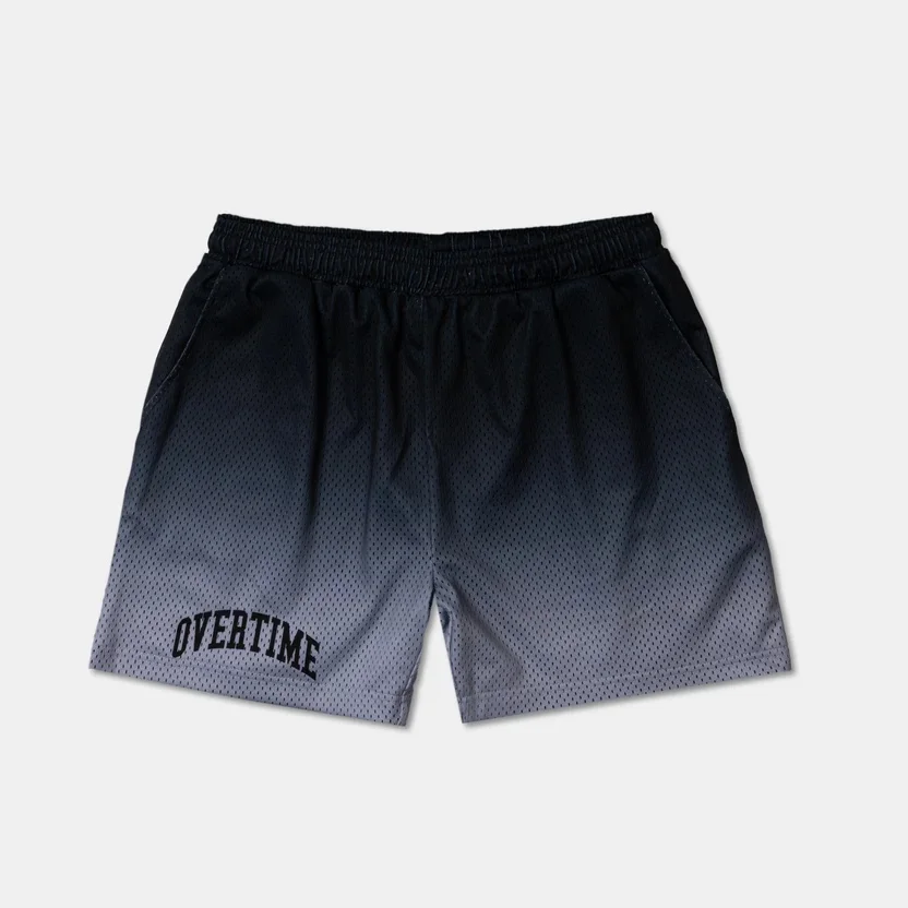 

2026 New Gradient Mesh "OVERTIME" Print Mens Drawstring Shorts Breathable Running Workout Gym Casual Sports Male Shorts
