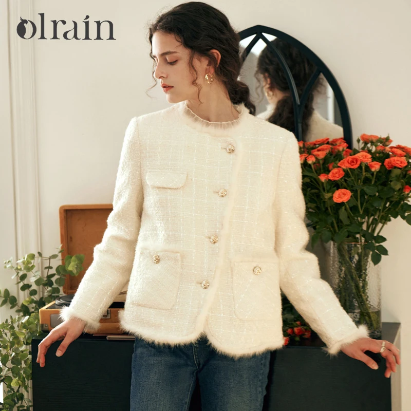 OLrain Women Winter Tweed Down Jacket 2026 Warm 90% White Duck Down Short Coat Elegant Ladies Outerwear Woman Clothes G23DY68693