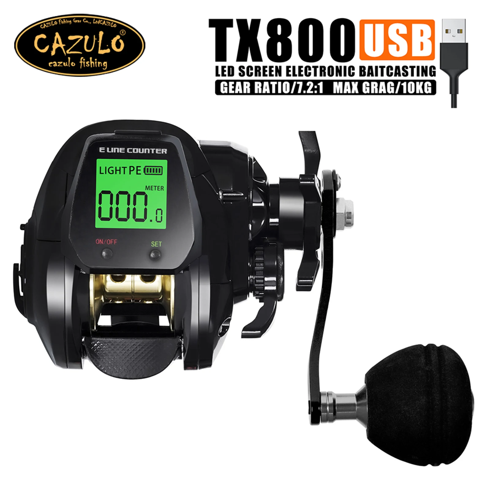 CAZULO Large screen electronic digital display fishing reel with a high-speed ratio of 7.2:1 and a maximum resistance of 10KG