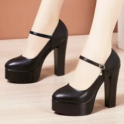 13cm Small Size 32-43 Shallow Soft Leather Platform Pumps 2024 Spring Women's Block High Heels Shoes Dress Model Wedding Party