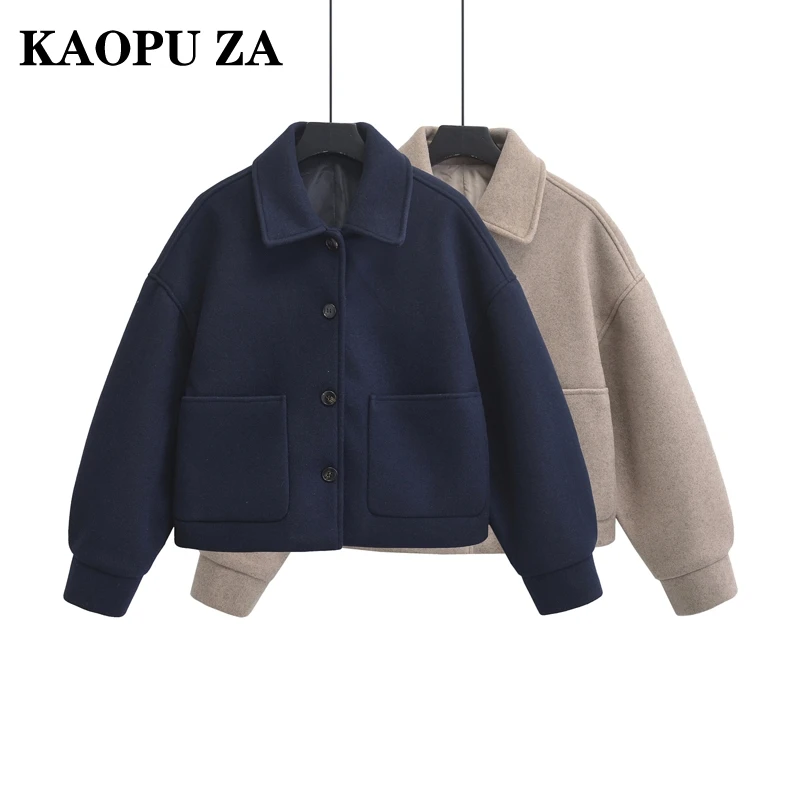 KAOPU ZA 2024 Autumn/Winter Woman Casual Solid Color Long Sleeve Jacket Female Vintage Single-breasted Turn-down Collar Coat Top