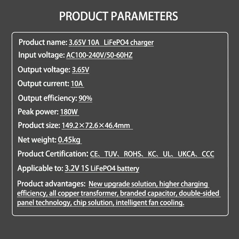 3.65V 10A Lifepo4 Szybka ładowarka 1S 3.2V 3.3V LFP Akumulator solarny Żelazo fosforanowe Akumulator RV Inteligentna ładowarka 3.65 V — zdjęcie produktu 5