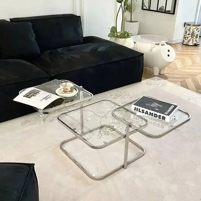 Tempered Nordic Coffee Rotating Table Multi-layer Glass Transparent Square Stainless Steel Home Living Room Side Tables