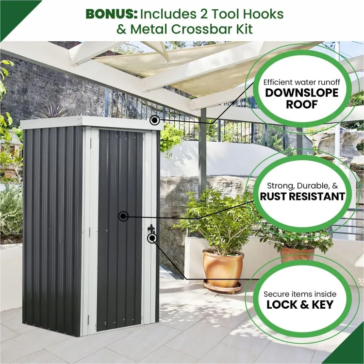 Galvanized Steel Single Door Patio Storage Shed for Garden Tools with Twist Lock and Key Security, 2 Tool Hooks (3'x3'x6') Dark