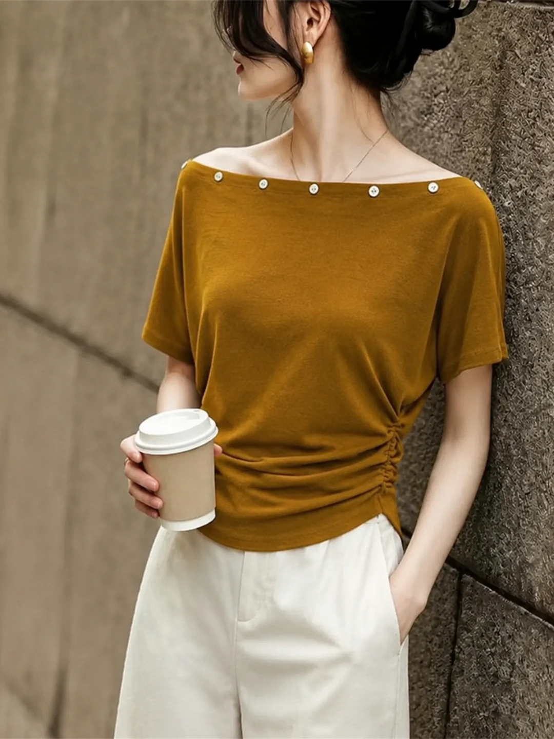 

Fashionable Sun Protection Shoulder Bared Top Short Sleeve One Shoulder Trendy Summer T Shirt Commute Style Standard Fit Adul...