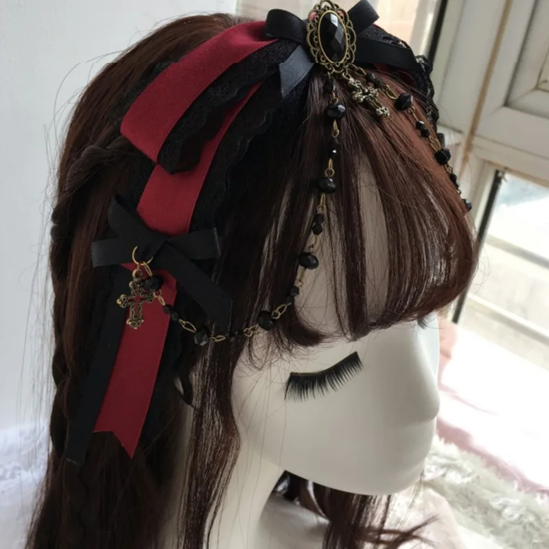 Lolita acessórios preto vinho vermelho arco hairpin gótico chapelaria estilo gótico kc lolita acessórios de cabelo