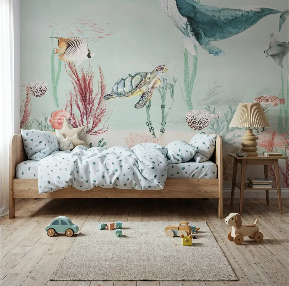Custom sized mural, hand drawn cartoon, underwater world, blue whale, sea turtle, manta ray, coral, seaweed, and shell wallpaper