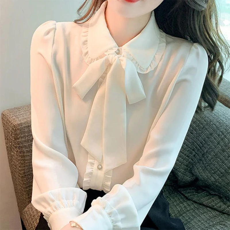 Spring Summer Elegant Fashion White Bow Shirt Women\'s Temperament Button Up Top Ladies Long Sleeve Chiffon Blouse Femme Cardigan