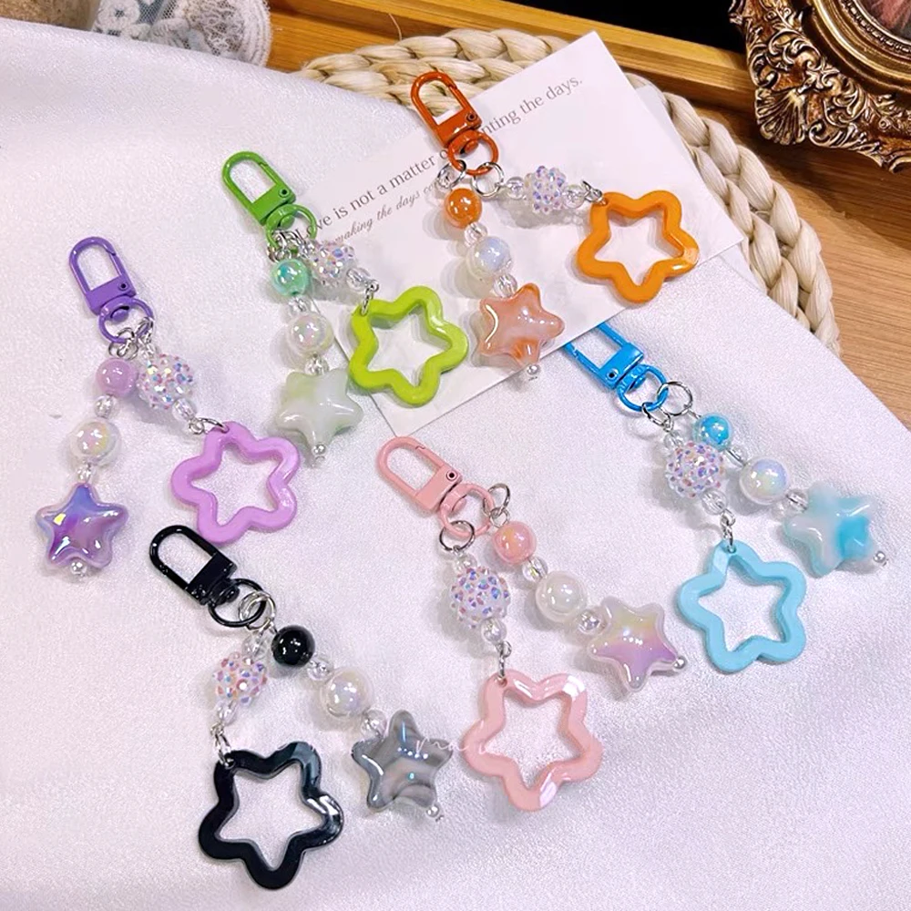 Porte-clés étoile creuse colorée, pendentif en perles de nuage, étui pour écouteurs Y2k, sac à breloques, clé de voiture, ornement, cadeau pour fille
